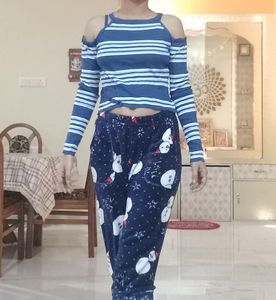 Blue Ribbed Striped Off Shoulder Short Top