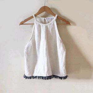 Zara Ecru White Tweed Halter Top with fringe