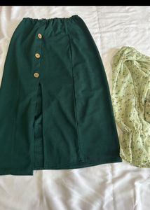 Green Printed Crop Top And A-line Skirt