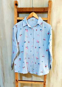 Sky Blue Printed Cotton Shirt Size-42