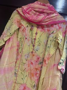 Three Piece Suit In Georgette With Pure Dupatta And Lace Pants