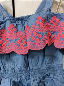 Cute Denim Dress with Pink Embroidery