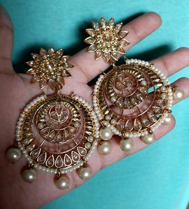 White Gold Pearl Kundan Chandbali Earrings