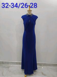 Elegant Blue Maxi Gown with Embellished Neckline