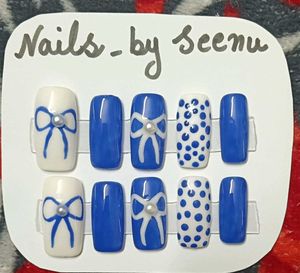 Blue & White Bow Press-On Nails