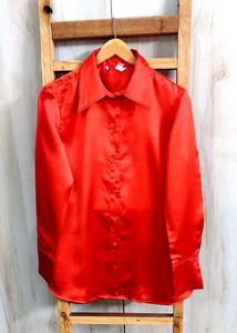 Red Satin Button-Down Shirt size-36-M