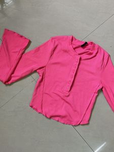 Hot Pink Ribbed Bell Sleeve Top
