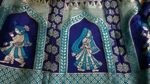 Navy Blue and Turquoise Banarasi Silk Work Lehnega