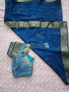 Blue Printed Cotton Silk Saree