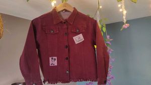 Vintage Wine Crop Denim Jacket with Mickey Patch
