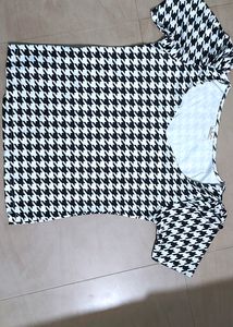 Dream Beauty Fashion Puff Sleeve Polyester Blend Sweetheart Neck Houndstooth Print Form Fitted Black Tee