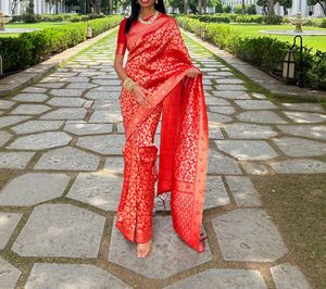House of Pataudi Red Banarasi Silk Saree