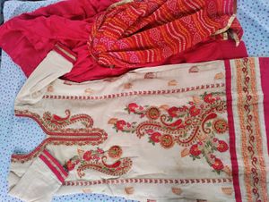 Elegant Beige &amp; Red Embroidered Suit