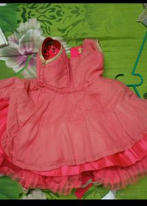 Watermelon Color Rich Look Silk Frock  With Golden Thread Work In The Neck
