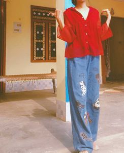 Dog Print Wide Leg Jeans