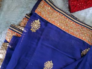 Navy Blue &amp; Orange Embroidered Saree