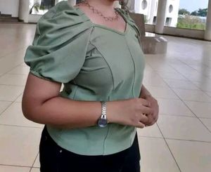 Green Puff Sleeve Fitted Top On Sale