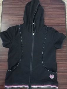 Black Short Sleeve Zip-Up Hoodie