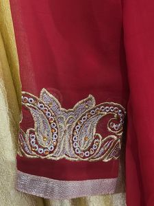 Red &amp; Gold Embroidered Dress With Duppata &amp; Bottom