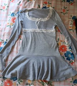 Gray Lace Trim Long Sleeve Top