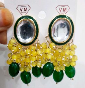 Yellow N Green Kundan Earrings