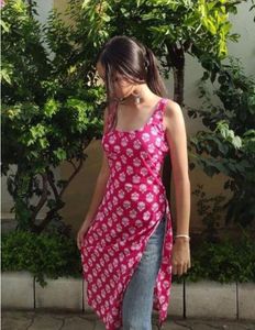 Pink Printed Kurti with Side Slits