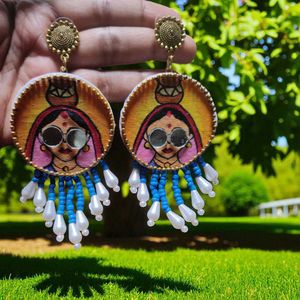 Mirror Work Hand painted Fabric Earrings