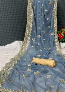 Elegant Grey Mirror Work Saree