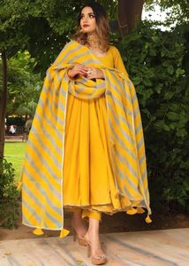 Yellow Anarkali Suit with Striped Dupatta