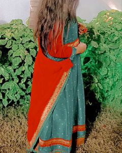Teal &amp; Red Ethnic Gown With Dupatta