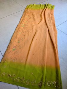 Coral And Light Green Designer Saree