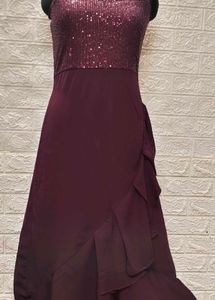 Flarry Maroon Spaghetti Gown With Embroidery