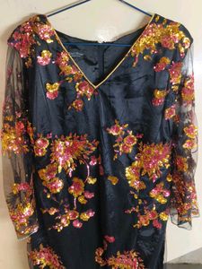 Black Neted Flower Sequins Kurta