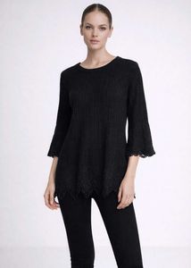 Black Ribbed Knit Tunic Top with Lace Hem