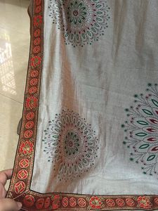 Silver Silk saree With Red Border