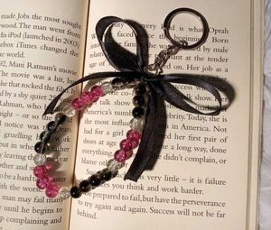 onion pink Beaded Keychain with black ribbon