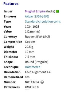Akbar 1 Dam Coin From Mughal Empire
