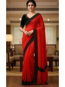 Party Wear Hot Red Saree