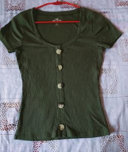 Hollister Olive Green Ribbed Button-Down Top