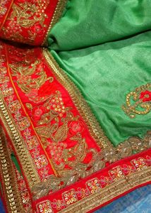Green Saree With Red Velvet Border And Blouse