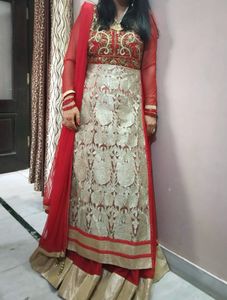 Red &amp; Gold Embroidered Anarkali