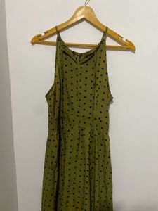 Olive Polka Dot Maxi Halter Neck Dress