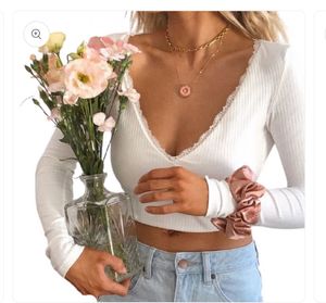 SALE‼️SAVANA Lace Trim Long Sleeve Crop Top