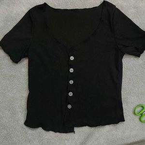 🖤 Elegant Black Ribbed Button-Down Top | Chic
