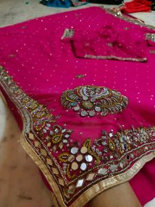 Pink  Mirror Work Saree With Blouse