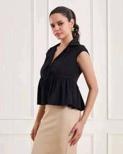 Cuban Collar Cap Sleeve Tie-Up Neck Peplum Top