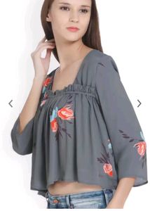 Grey printed woven regular top, has a square neck,