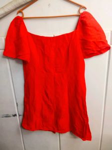 Zara Woman Orange Linen Flutter Sleeve Button Dres