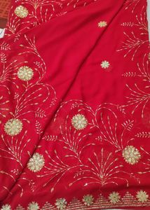 Radiant Red Saree with Intricate Gold Sequins