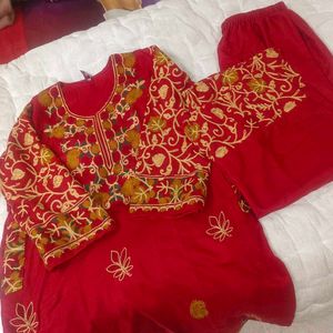 kashmiri Red Embroidered Kurta Set